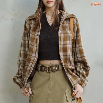 Vintage khaki plaid jacket for women with turn-down collar, loose fit, single-breasted closure, and casual style for spring and autumn wear.