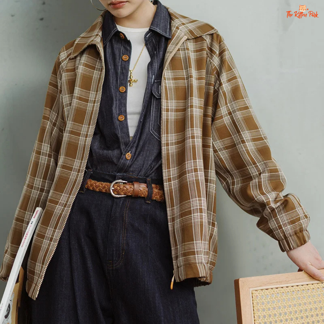 Vintage khaki plaid jacket for women with turn-down collar, loose fit, single-breasted closure, and casual style for spring and autumn wear.