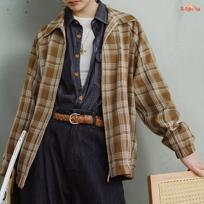 Vintage khaki plaid jacket for women with turn-down collar, loose fit, single-breasted closure, and casual style for spring and autumn wear.