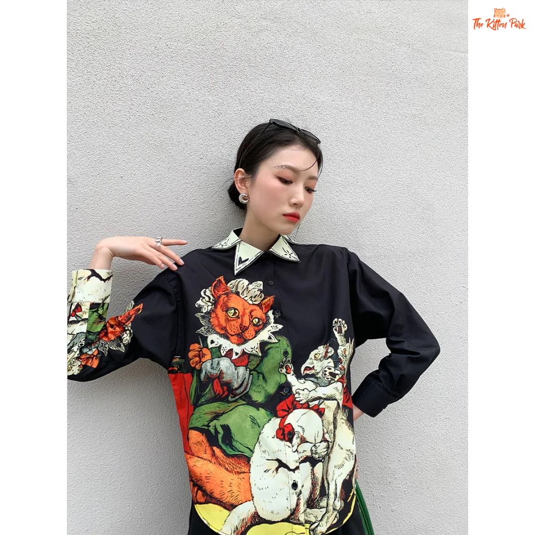 Black aesthetic print shirt for women with a collared button-up design, long sleeves, and sleek silhouette—styled for autumn and winter streetwear.