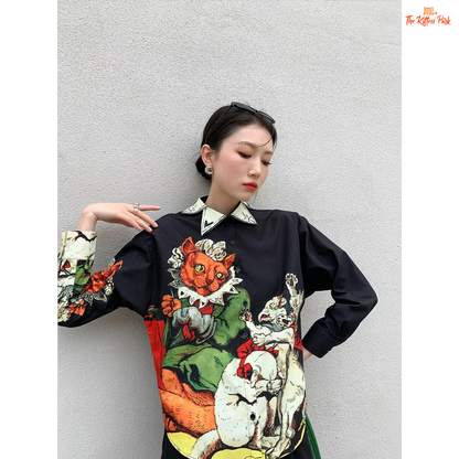 Black aesthetic print shirt for women with a collared button-up design, long sleeves, and sleek silhouette—styled for autumn and winter streetwear.