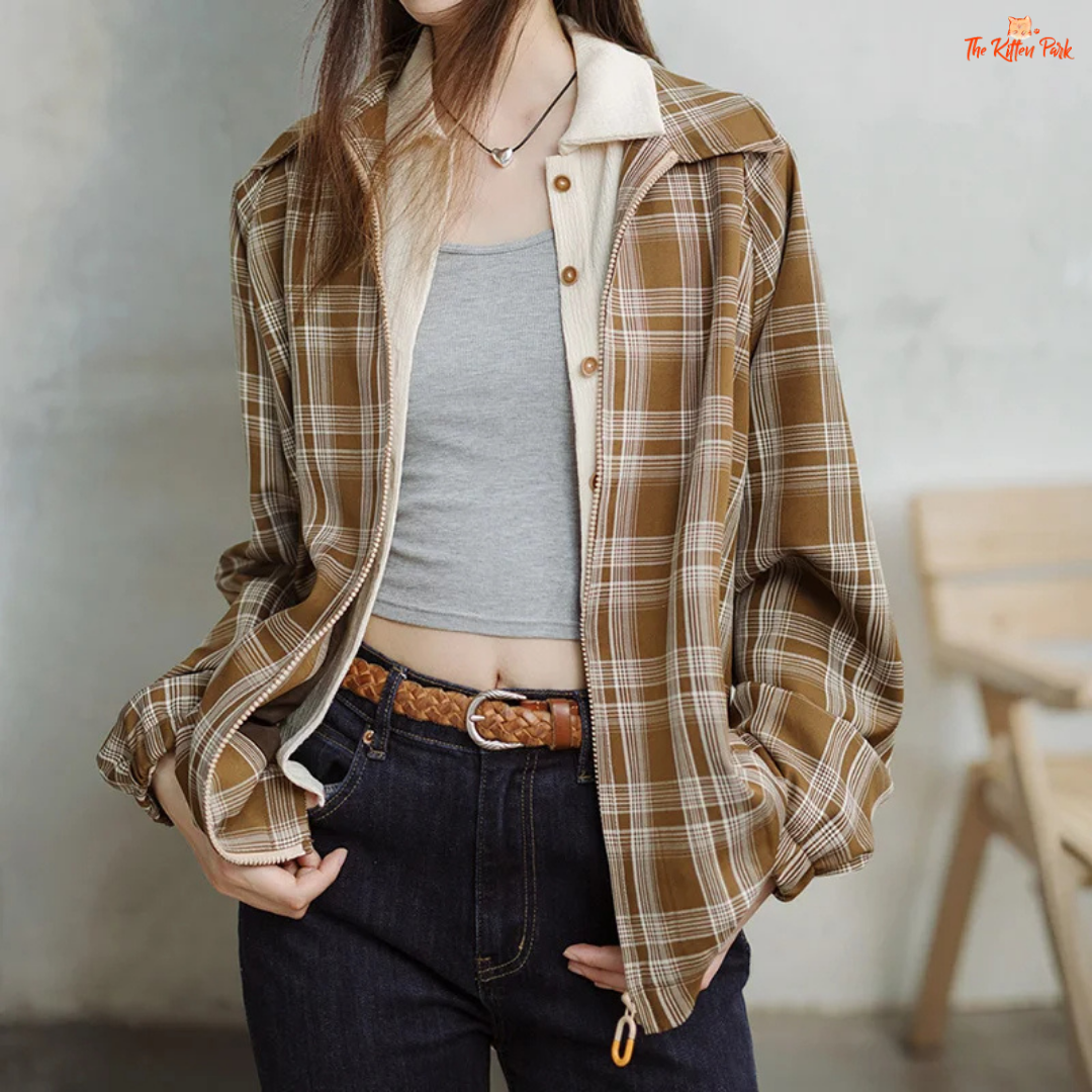 Vintage khaki plaid jacket for women with turn-down collar, loose fit, single-breasted closure, and casual style for spring and autumn wear.