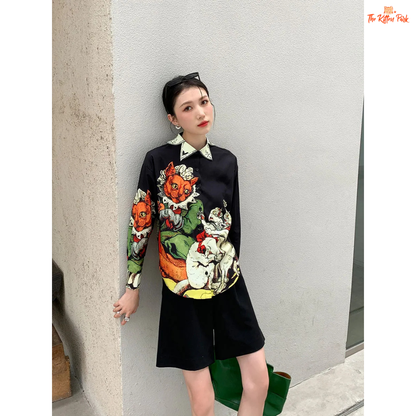 Black aesthetic print shirt for women with a collared button-up design, long sleeves, and sleek silhouette—styled for autumn and winter streetwear.