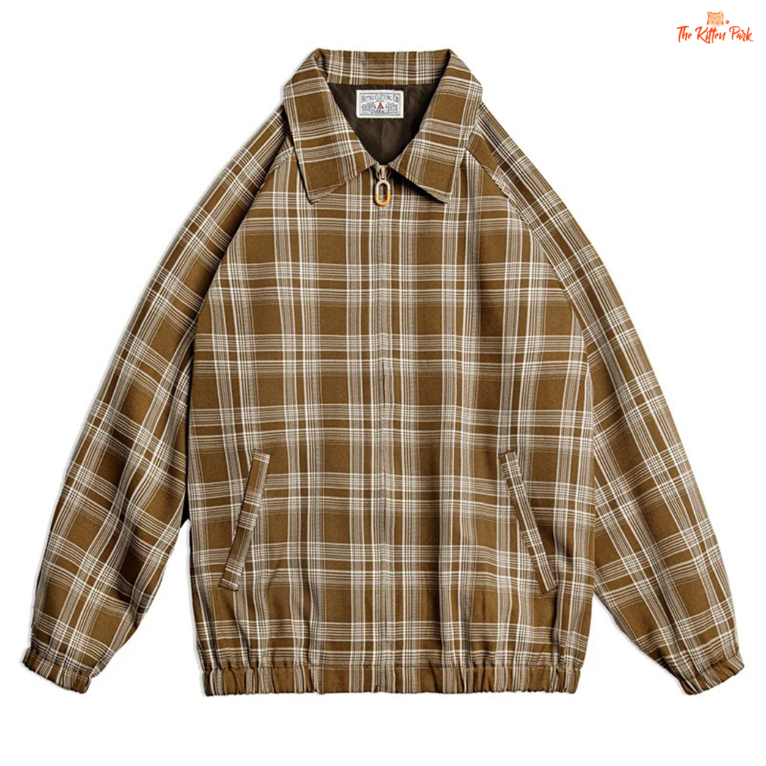 Vintage khaki plaid jacket for women with turn-down collar, loose fit, single-breasted closure, and casual style for spring and autumn wear.