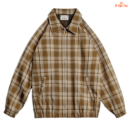 Vintage khaki plaid jacket for women with turn-down collar, loose fit, single-breasted closure, and casual style for spring and autumn wear.