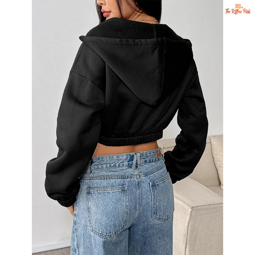A lace-up crop hoodie jacket for women with a loose fit, hooded design, and soft knit polyester fabric, perfect for winter streetwear style.