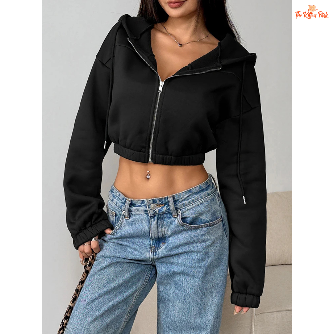 A lace-up crop hoodie jacket for women with a loose fit, hooded design, and soft knit polyester fabric, perfect for winter streetwear style.