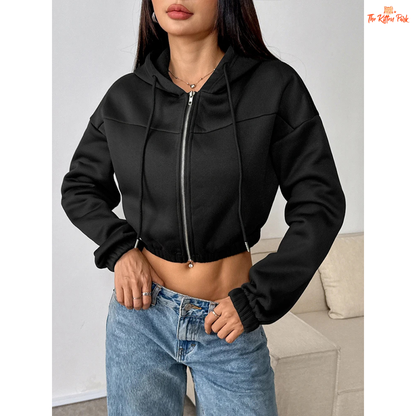 A lace-up crop hoodie jacket for women with a loose fit, hooded design, and soft knit polyester fabric, perfect for winter streetwear style.