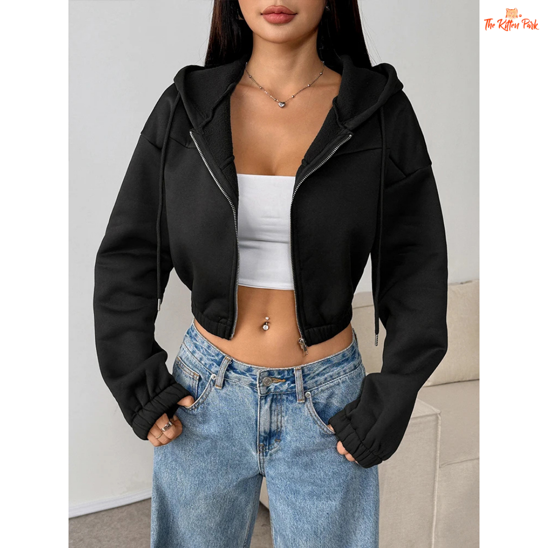 A lace-up crop hoodie jacket for women with a loose fit, hooded design, and soft knit polyester fabric, perfect for winter streetwear style.