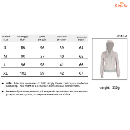 Hoodie with size chart and weight information on a white background