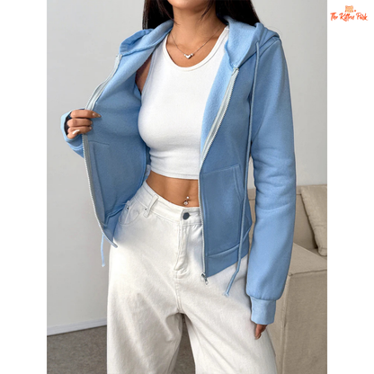 Lace-Up Zipper Hoodie Coat for Women with lace-up detail, hooded design, and full zipper closure in light blue streetwear style for autumn.