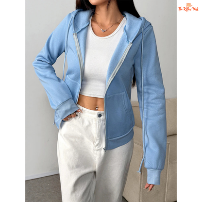 Lace-Up Zipper Hoodie Coat for Women with lace-up detail, hooded design, and full zipper closure in light blue streetwear style for autumn.