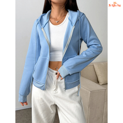 Lace-Up Zipper Hoodie Coat for Women with lace-up detail, hooded design, and full zipper closure in light blue streetwear style for autumn.