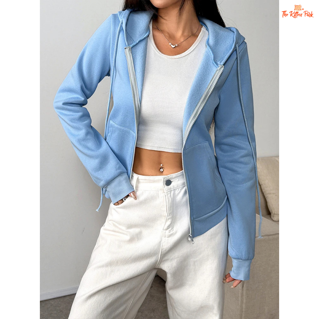 Lace-Up Zipper Hoodie Coat for Women with lace-up detail, hooded design, and full zipper closure in light blue streetwear style for autumn.