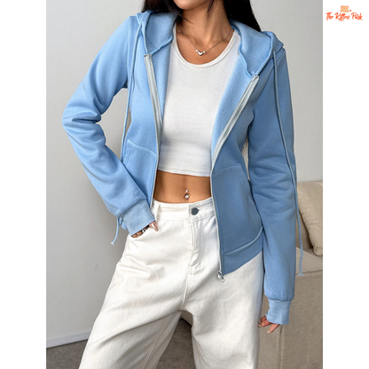 Lace-Up Zipper Hoodie Coat for Women with lace-up detail, hooded design, and full zipper closure in light blue streetwear style for autumn.
