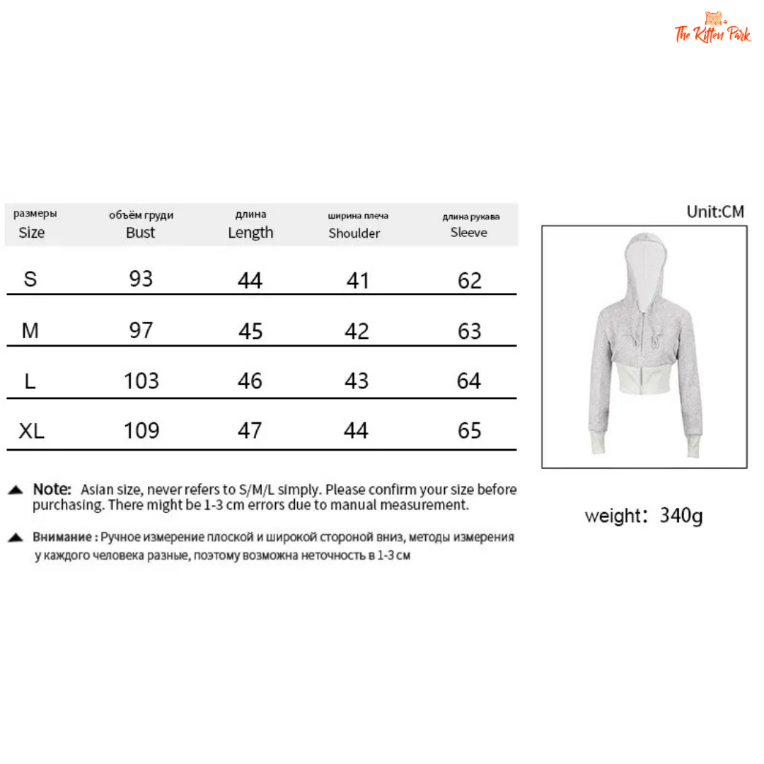 Size chart and product image of a gray hoodie with measurement details on a white background.