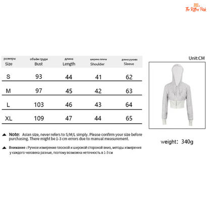 Size chart and product image of a gray hoodie with measurement details on a white background.