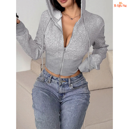 A women’s cropped lace-up zipper hoodie featuring a pullover design, soft knitted fabric, and hood