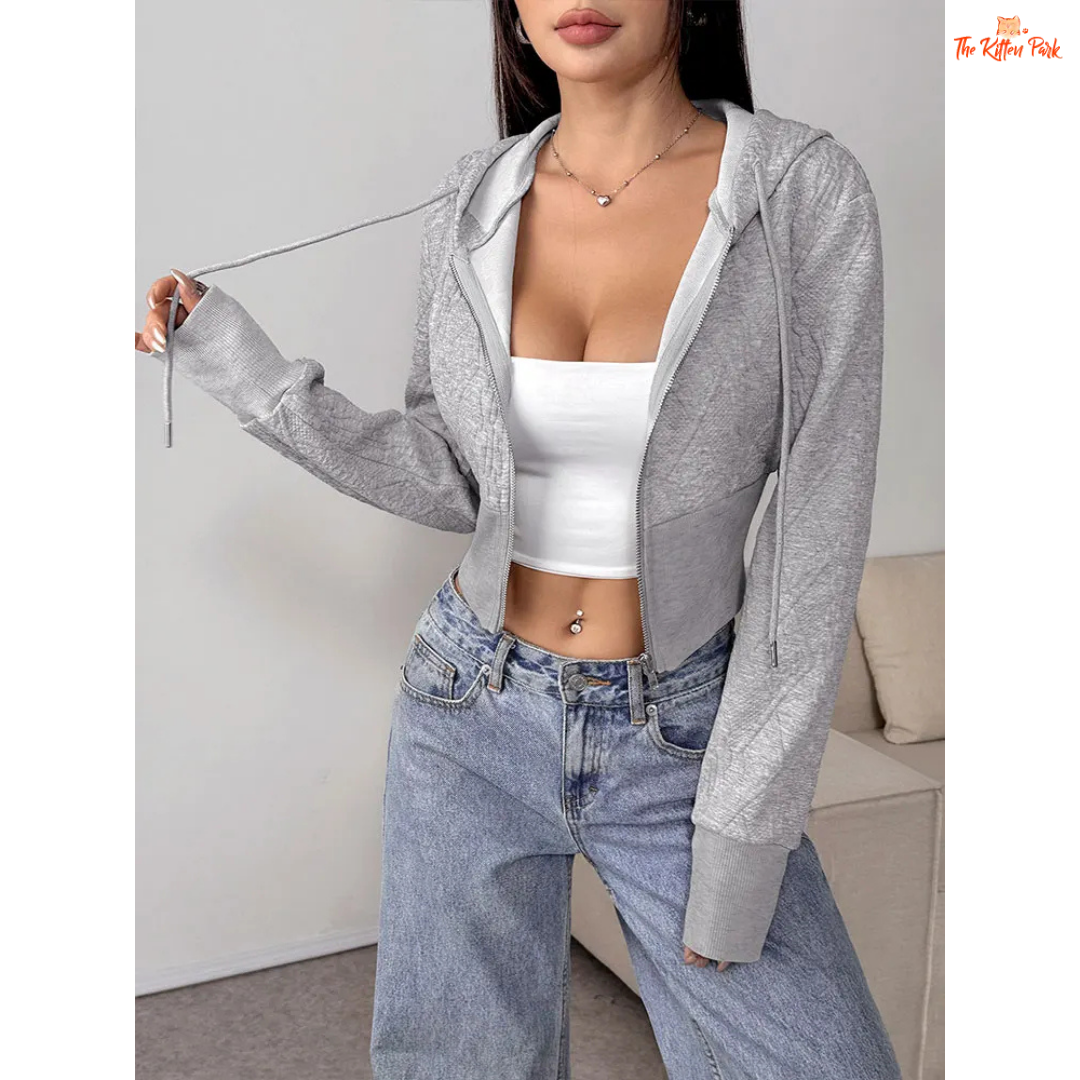 A women’s cropped lace-up zipper hoodie featuring a pullover design, soft knitted fabric, and hood