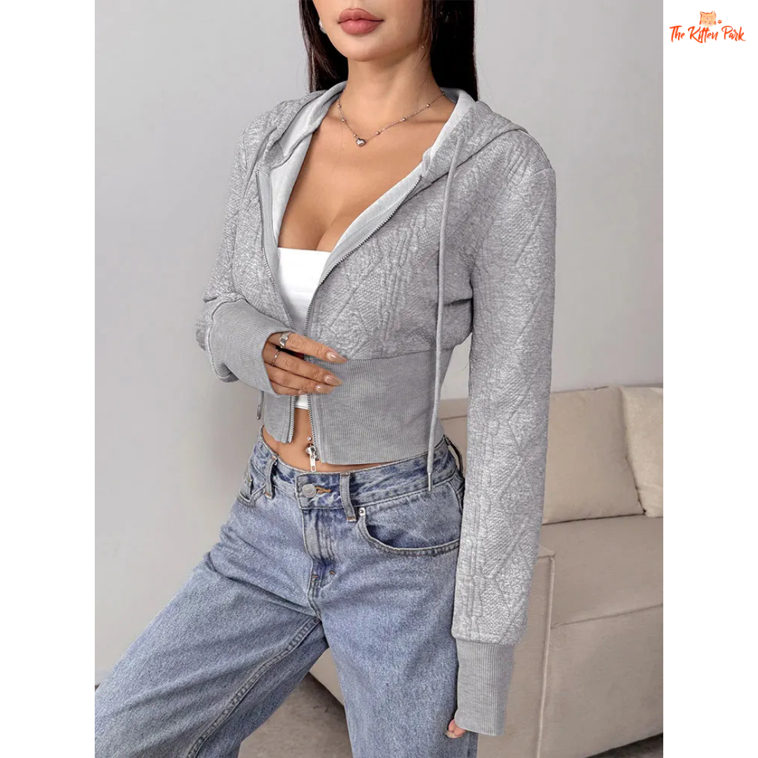 A women’s cropped lace-up zipper hoodie featuring a pullover design, soft knitted fabric, and hood