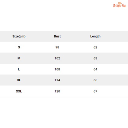 Size chart for clothing with bust and length measurements in centimeters.