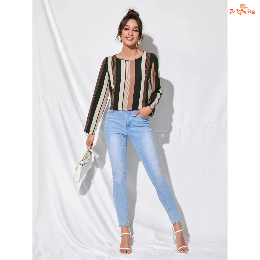 Ladies’ striped crew neck casual long sleeve blouse made of light chiffon fabric with cream and brown tones, offering a relaxed and elegant everyday style.