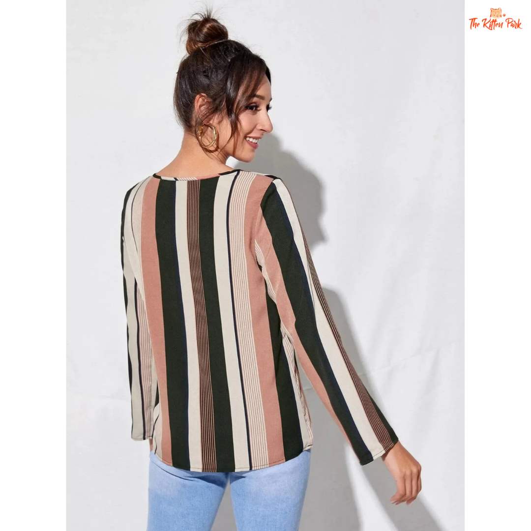 Ladies’ striped crew neck casual long sleeve blouse made of light chiffon fabric with cream and brown tones, offering a relaxed and elegant everyday style.