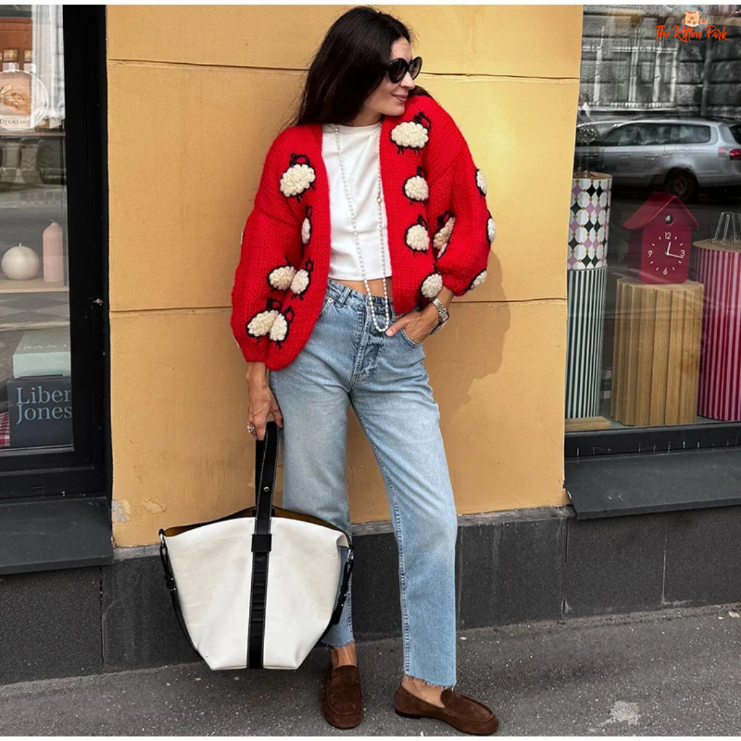 Lantern Sleeve Embroidered Sheep Cardigan, women’s V-neck chunky knit sweater with embroidery, loose fit autumn/winter fashion piece.