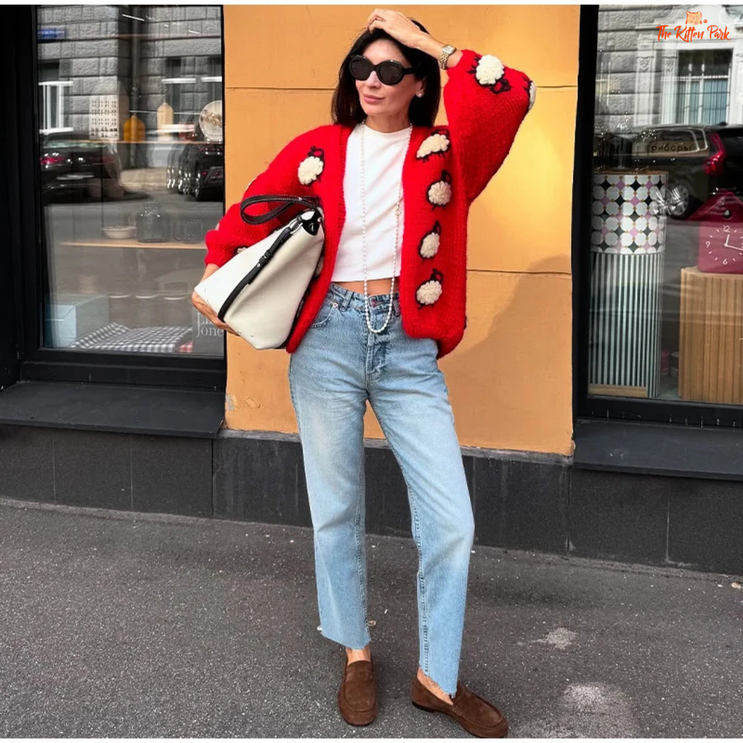 Lantern Sleeve Embroidered Sheep Cardigan, women’s V-neck chunky knit sweater with embroidery, loose fit autumn/winter fashion piece.