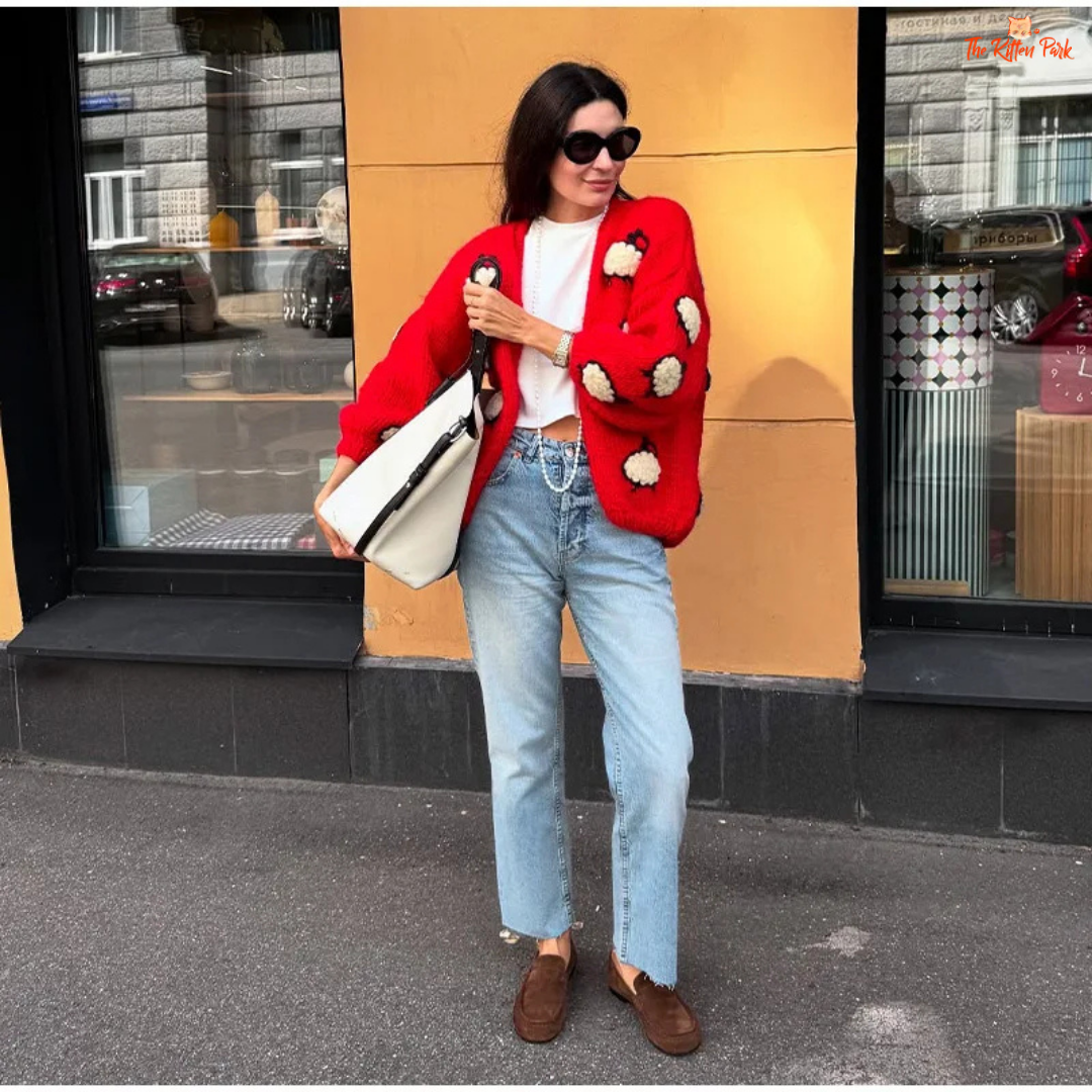 Lantern Sleeve Embroidered Sheep Cardigan, women’s V-neck chunky knit sweater with embroidery, loose fit autumn/winter fashion piece.