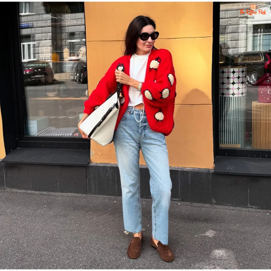 Lantern Sleeve Embroidered Sheep Cardigan, women’s V-neck chunky knit sweater with embroidery, loose fit autumn/winter fashion piece.