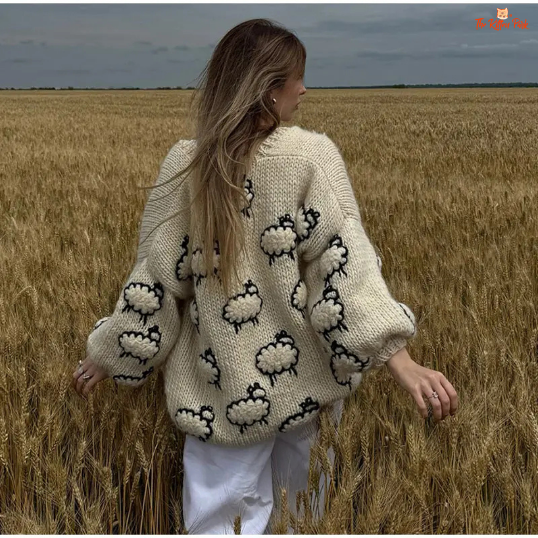 Lantern Sleeve Embroidered Sheep Cardigan, women’s V-neck chunky knit sweater with embroidery, loose fit autumn/winter fashion piece.