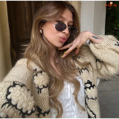 Lantern Sleeve Embroidered Sheep Cardigan, women’s V-neck chunky knit sweater with embroidery, loose fit autumn/winter fashion piece.