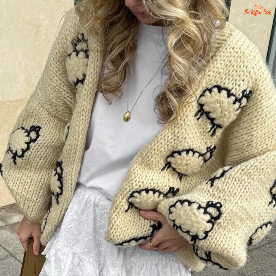 Lantern Sleeve Embroidered Sheep Cardigan, women’s V-neck chunky knit sweater with embroidery, loose fit autumn/winter fashion piece.