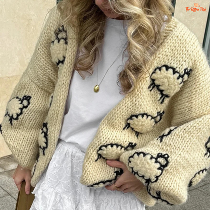 Lantern Sleeve Embroidered Sheep Cardigan, women’s V-neck chunky knit sweater with embroidery, loose fit autumn/winter fashion piece.