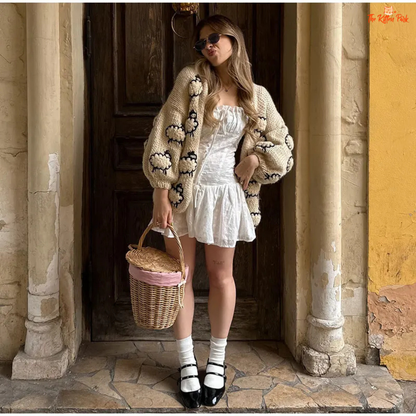 Lantern Sleeve Embroidered Sheep Cardigan, women’s V-neck chunky knit sweater with embroidery, loose fit autumn/winter fashion piece.