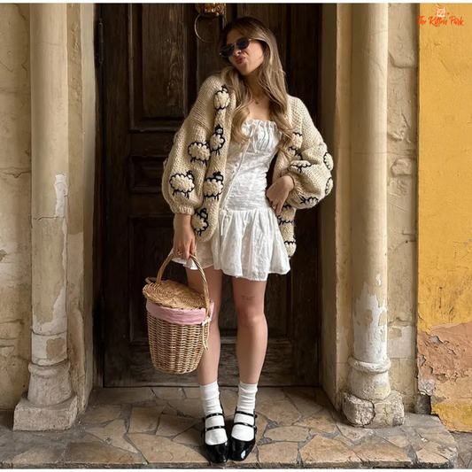 Lantern Sleeve Embroidered Sheep Cardigan, women’s V-neck chunky knit sweater with embroidery, loose fit autumn/winter fashion piece.