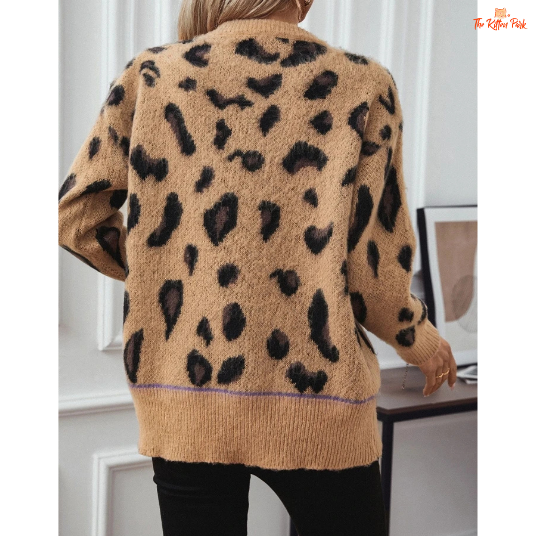 Leopard Jacquard Brushed Sweater featuring a soft polyester knit, loose streetwear fit, and leopard jacquard pattern, perfect for cozy autumn and winter outfits.