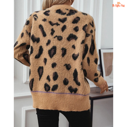 Leopard Jacquard Brushed Sweater featuring a soft polyester knit, loose streetwear fit, and leopard jacquard pattern, perfect for cozy autumn and winter outfits.