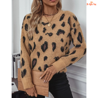 Leopard Jacquard Brushed Sweater featuring a soft polyester knit, loose streetwear fit, and leopard jacquard pattern, perfect for cozy autumn and winter outfits.