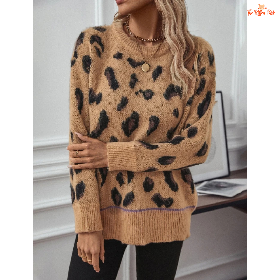 Leopard Jacquard Brushed Sweater featuring a soft polyester knit, loose streetwear fit, and leopard jacquard pattern, perfect for cozy autumn and winter outfits.