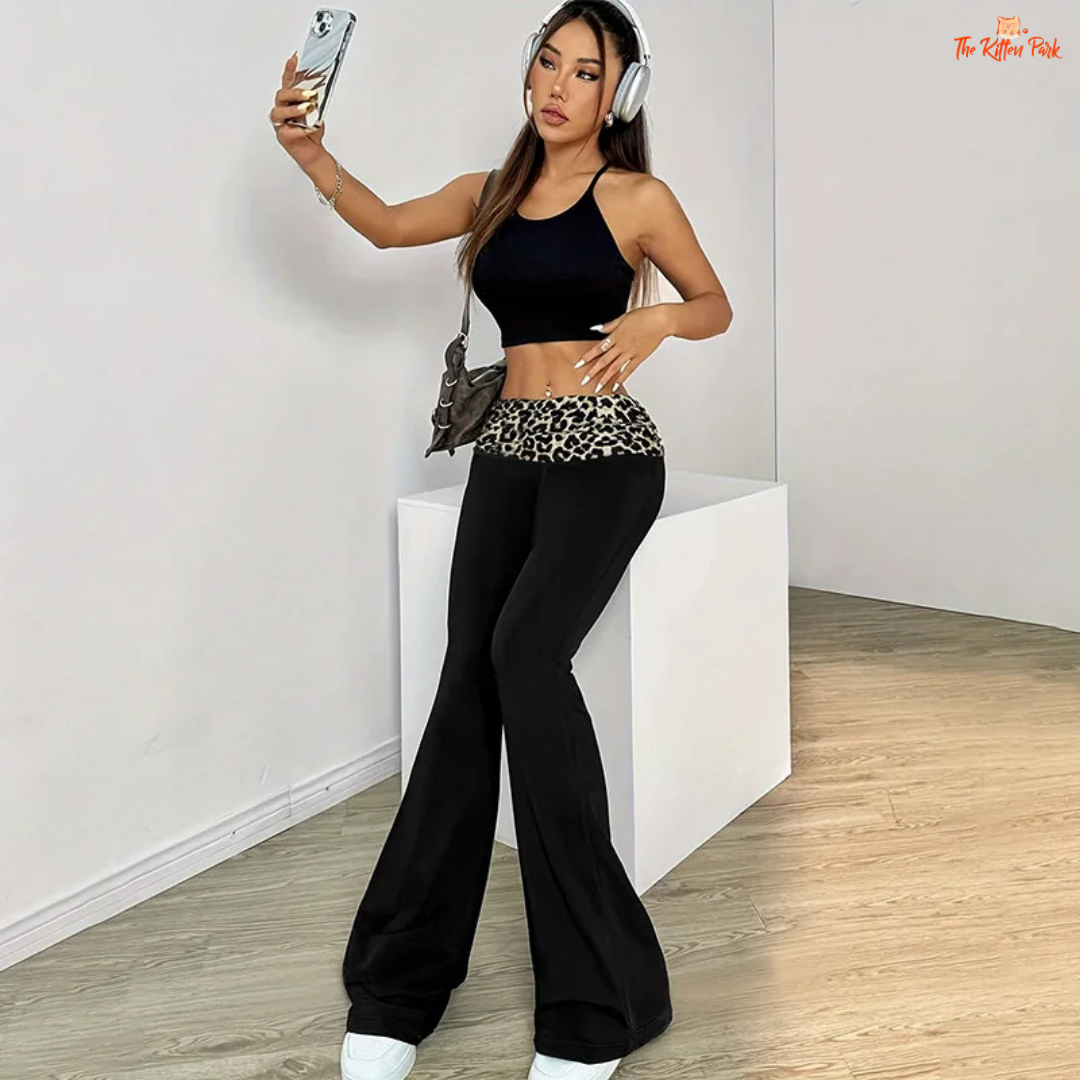 Leopard Patchwork Flared Leggings – Wide Leg Casual Streetwear Pants