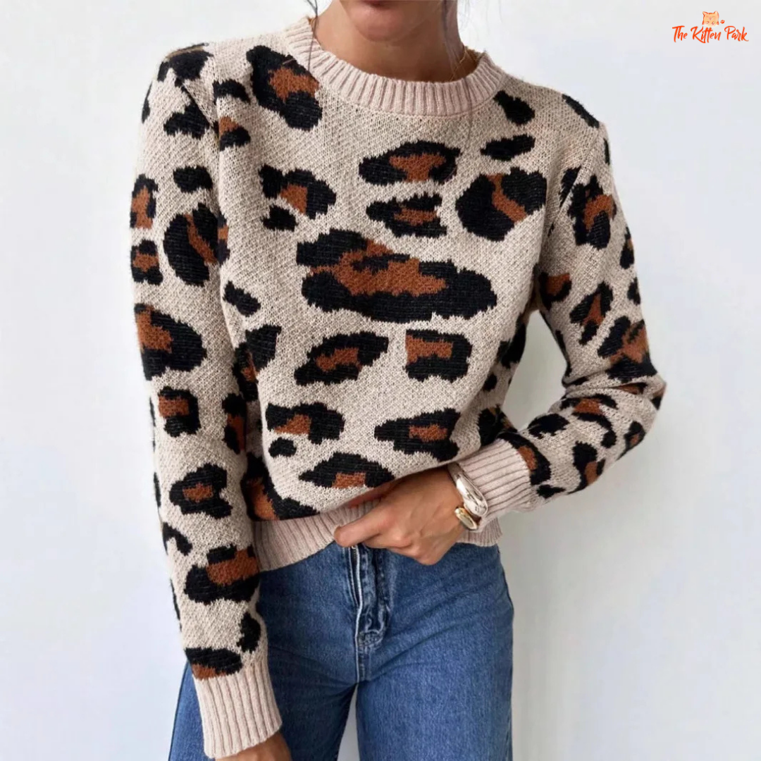 Leopard Print Contrast Sweater featuring a retro round neck design, loose fit, extra-heavy polyester knit, and bold leopard pattern for cozy autumn and winter wear.