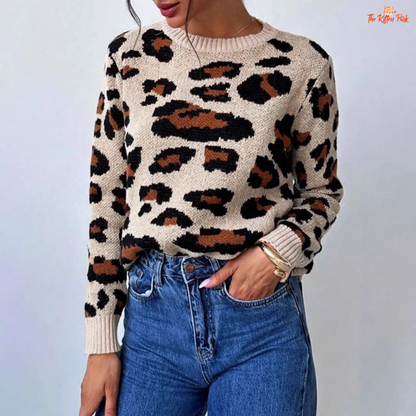 Leopard Print Contrast Sweater featuring a retro round neck design, loose fit, extra-heavy polyester knit, and bold leopard pattern for cozy autumn and winter wear.