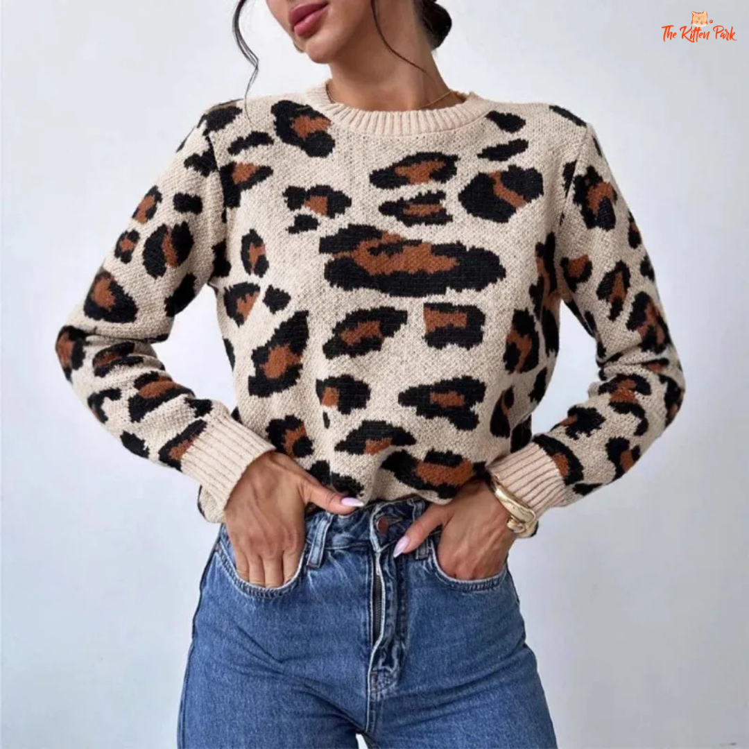 Leopard Print Contrast Sweater featuring a retro round neck design, loose fit, extra-heavy polyester knit, and bold leopard pattern for cozy autumn and winter wear.