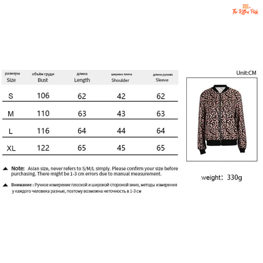 Size chart and product image of a leopard print jacket with measurement details on a white background.