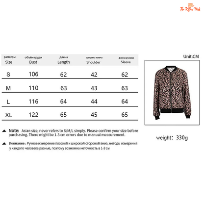 Size chart and product image of a leopard print jacket with measurement details on a white background.