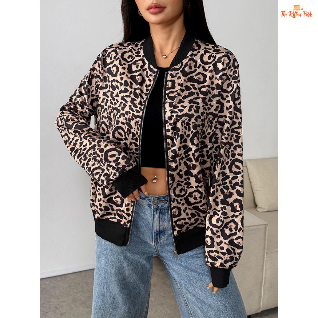 A chic leopard print zipper hoodie for women featuring a V-neck, loose fit, and soft knitted fabric, perfect for party and autumn streetwear looks.