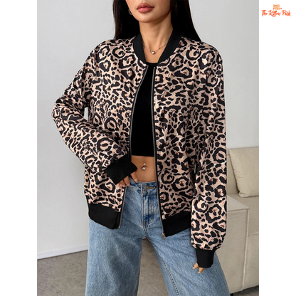 A chic leopard print zipper hoodie for women featuring a V-neck, loose fit, and soft knitted fabric, perfect for party and autumn streetwear looks.