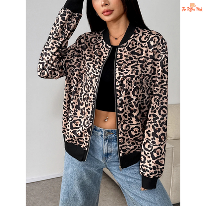 A chic leopard print zipper hoodie for women featuring a V-neck, loose fit, and soft knitted fabric, perfect for party and autumn streetwear looks.
